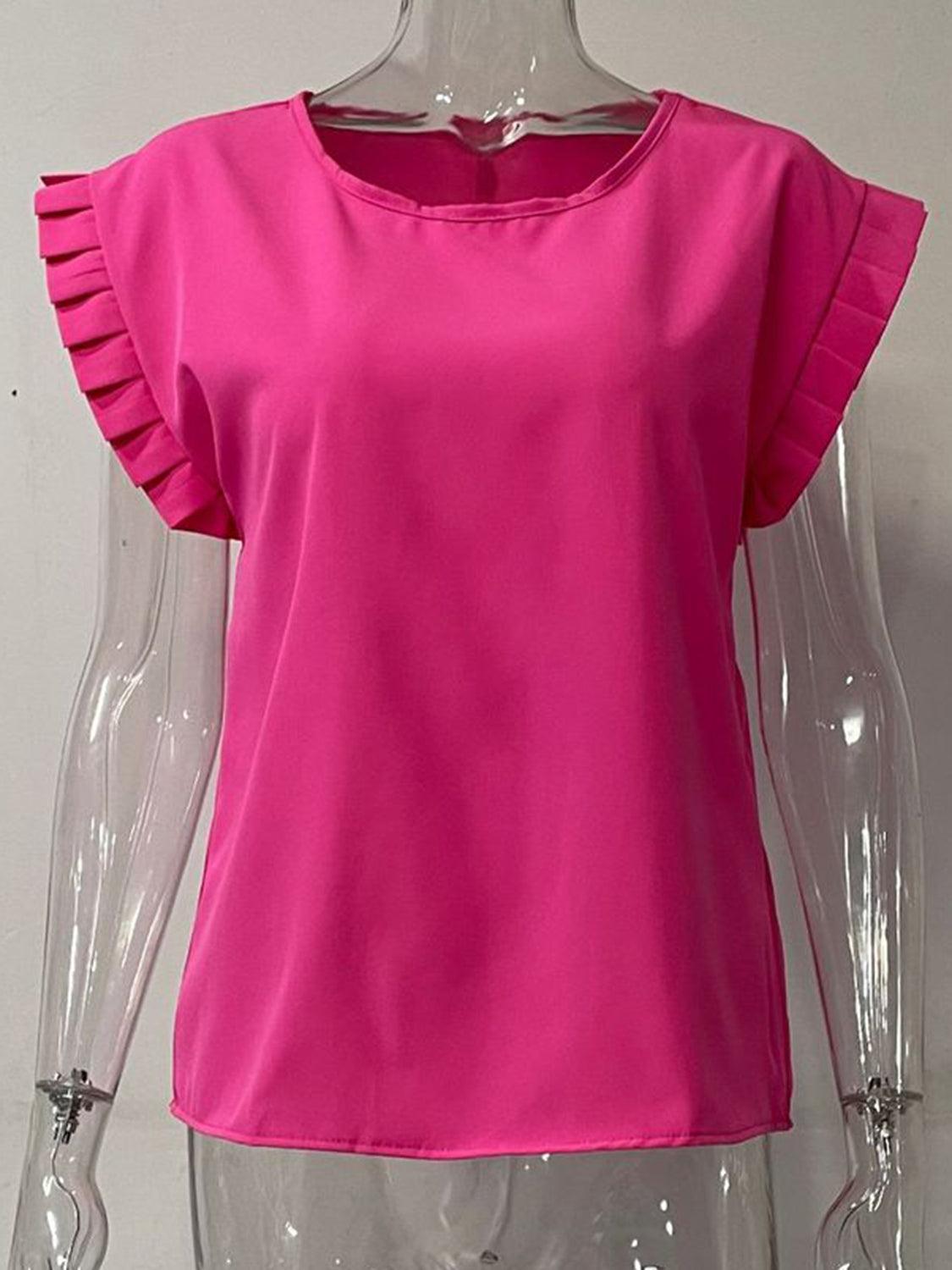 Ruffled Round Neck Cap Sleeve Blouse - Leo’s Look Your Best