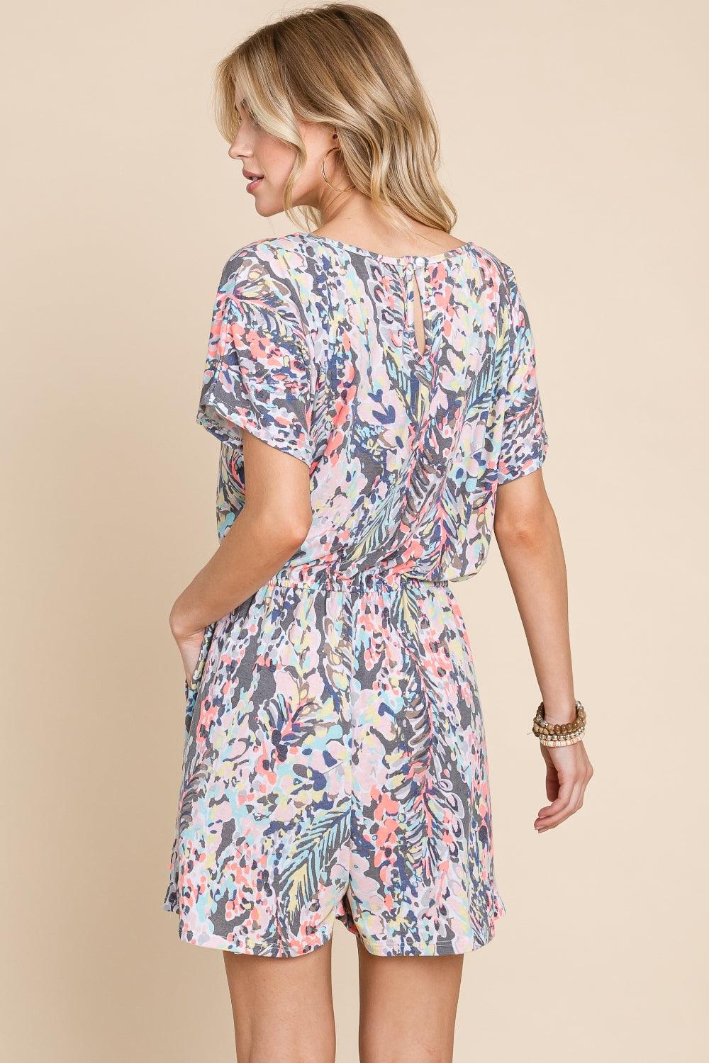BOMBOM Printed Short Sleeve Drawstring Romper - Leo’s Look Your Best