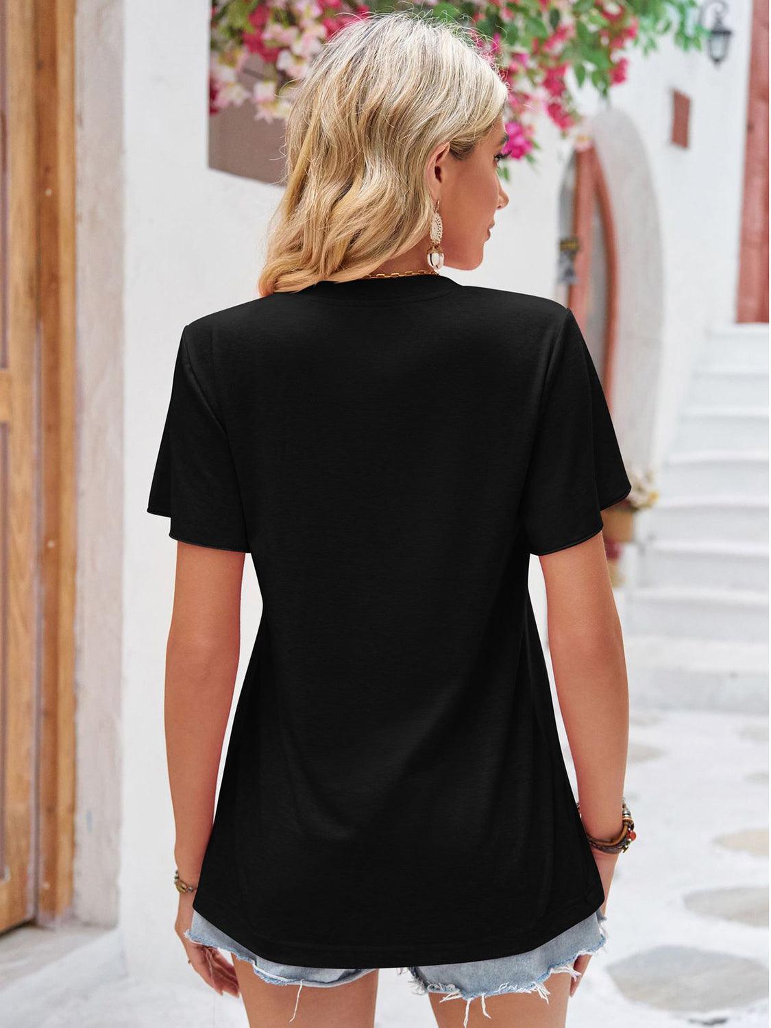 Double Take Ruched V-Neck Short Sleeve T-Shirt - Leo’s Look Your Best