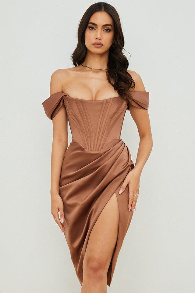 Temperament Split Fishbone Pattern Sexy Backless Off-shoulder Dress - Leo’s Look Your Best 