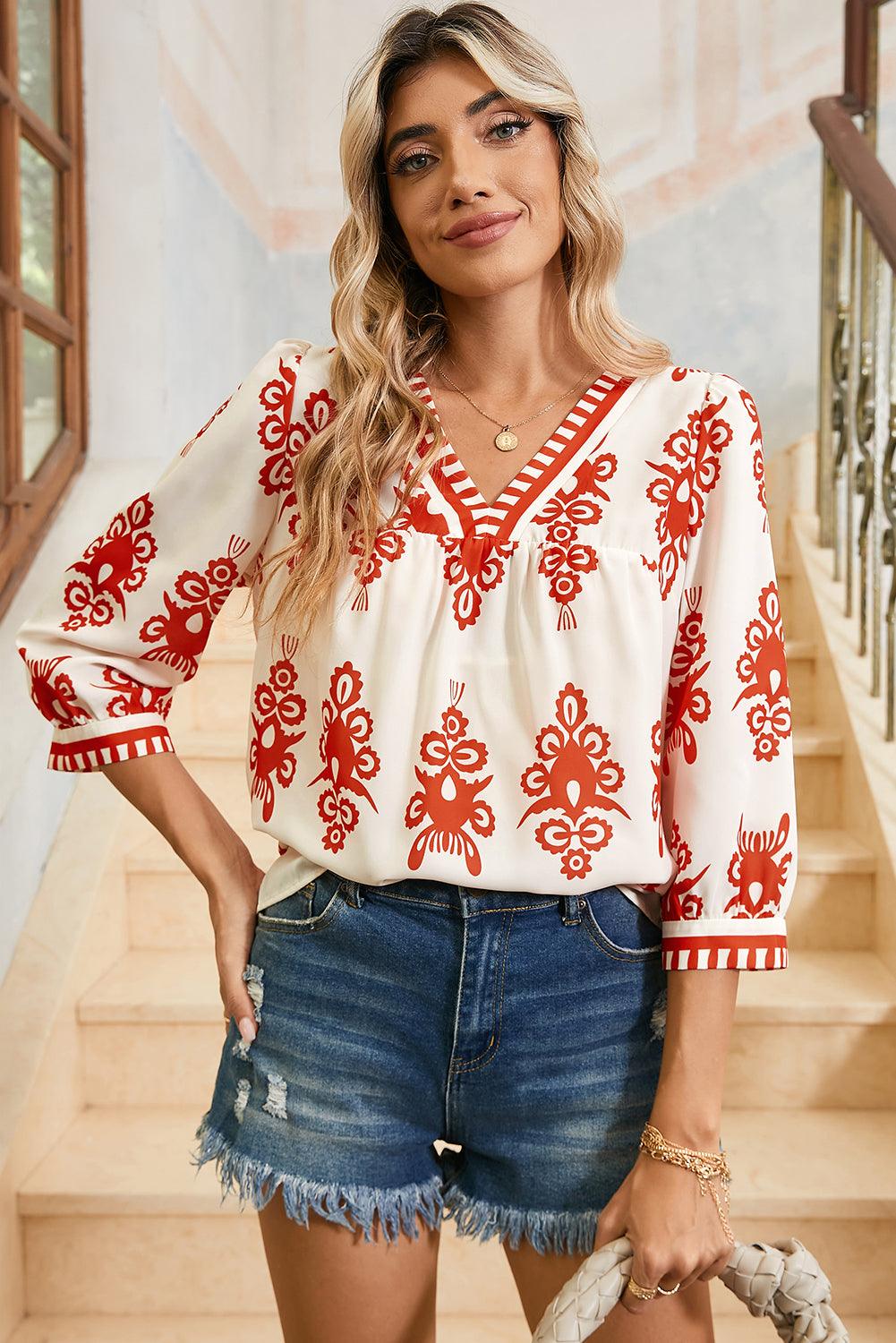 Beige Ethnic Abstract Print Puff Sleeve V Neck Blouse - Leo’s Look Your Best 