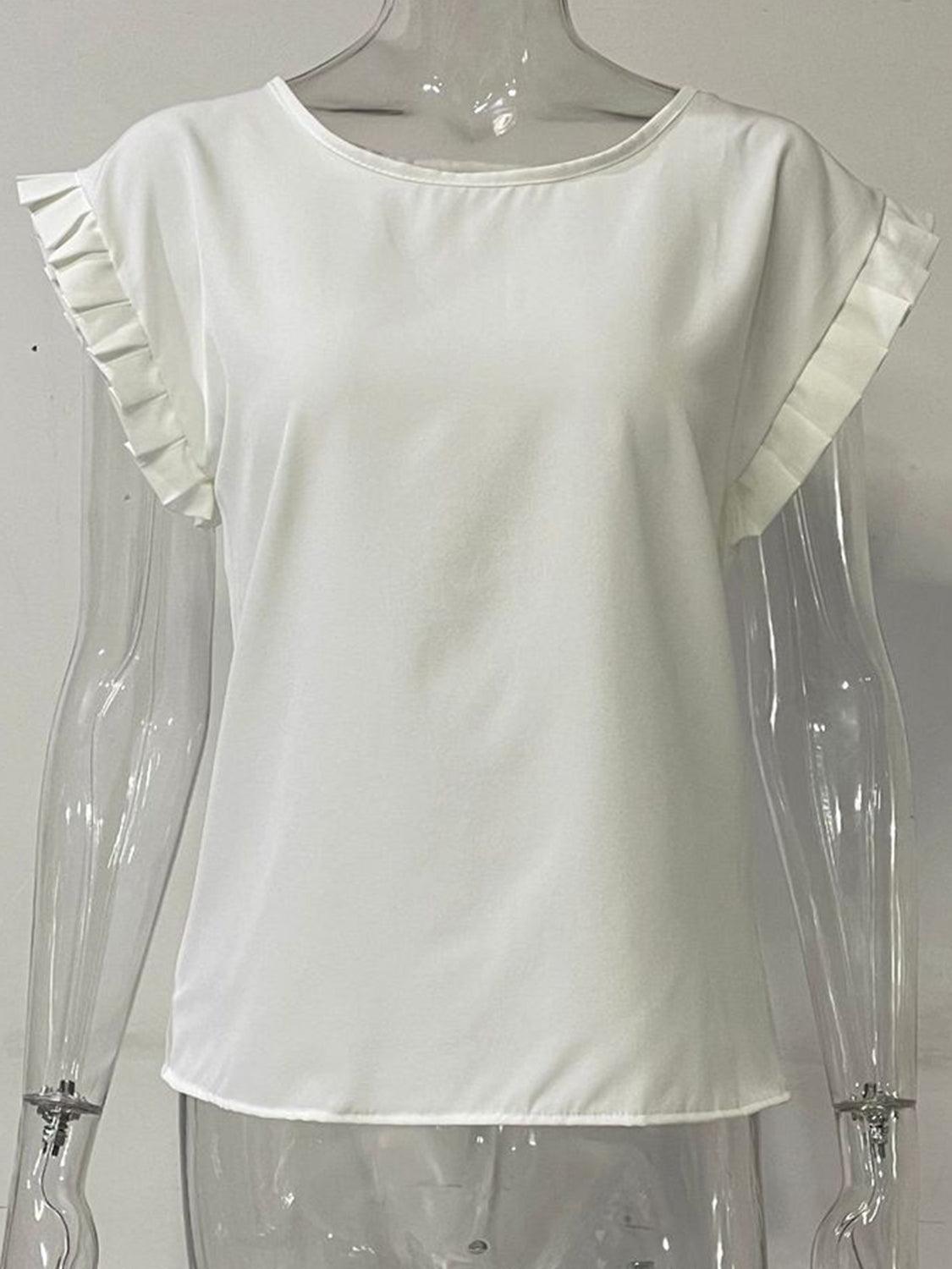 Ruffled Round Neck Cap Sleeve Blouse - Leo’s Look Your Best