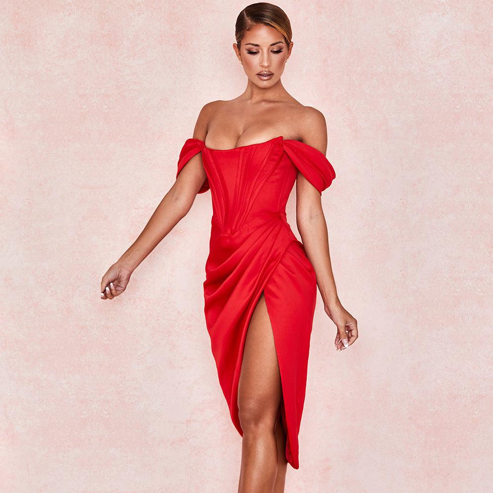 Temperament Split Fishbone Pattern Sexy Backless Off-shoulder Dress - Leo’s Look Your Best 