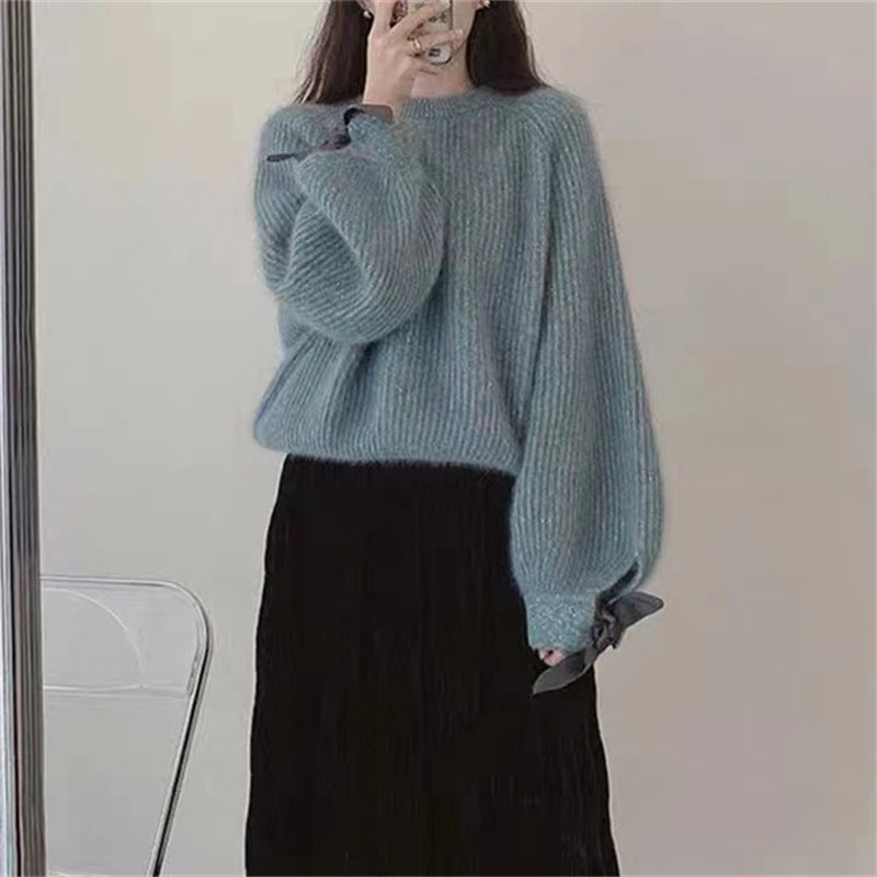 Lazy Fashion Bow Lantern Sleeve Mink-like Knitwear