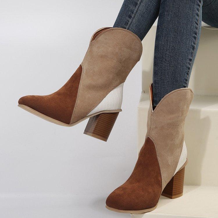 Fashion Splicing Suede Boots Retro Pointed-toe Square High Heel Mid-calf Boots For Women Fall And Winter Shoes - Leo’s Look Your Best 