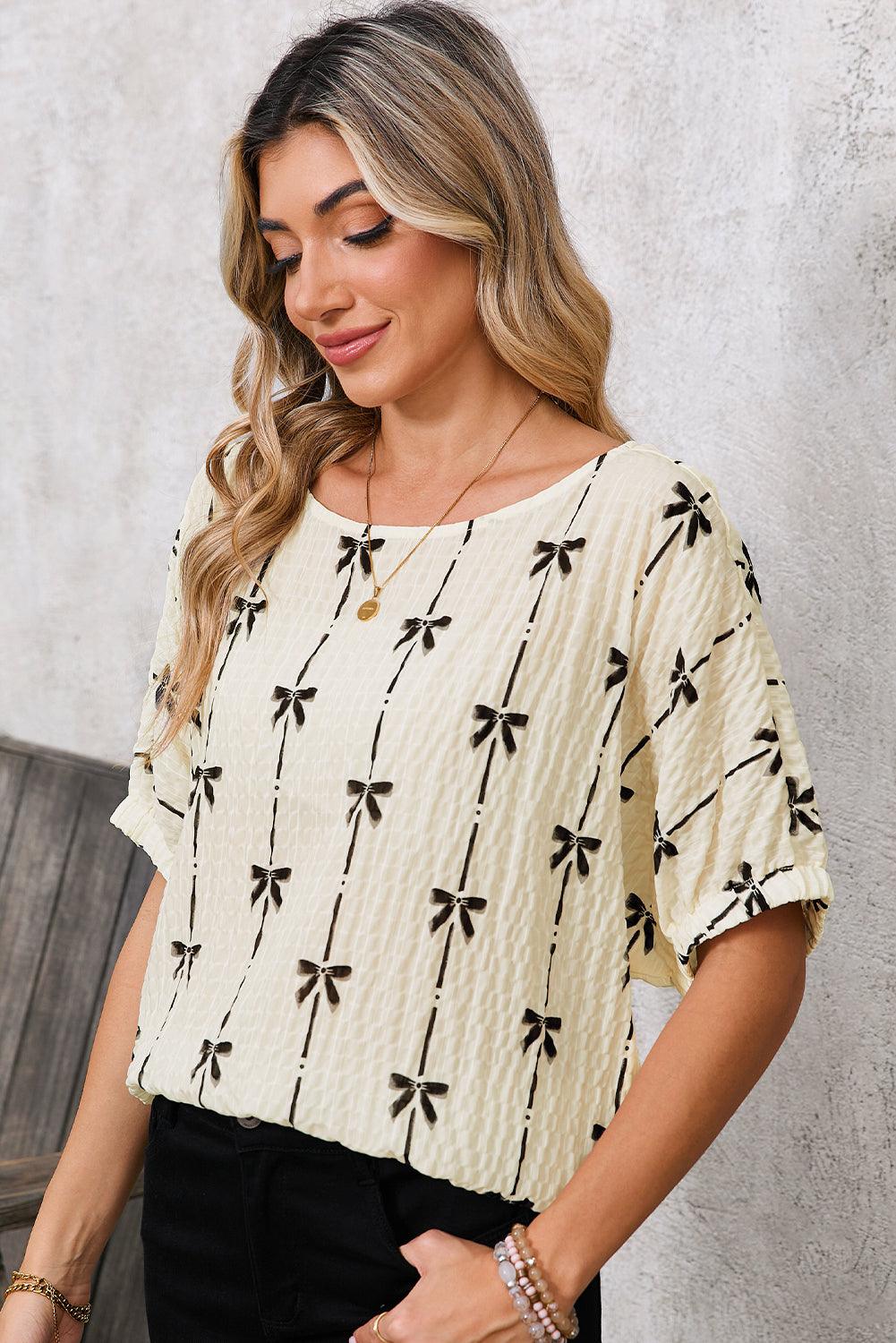 Beige Bow Print Striped Puff Short Sleeve Blouse - Leo’s Look Your Best 