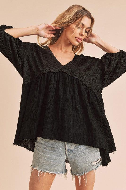 Aemi + Co High-Low Frayed Hem V-Neck Blouse - Leo’s Look Your Best