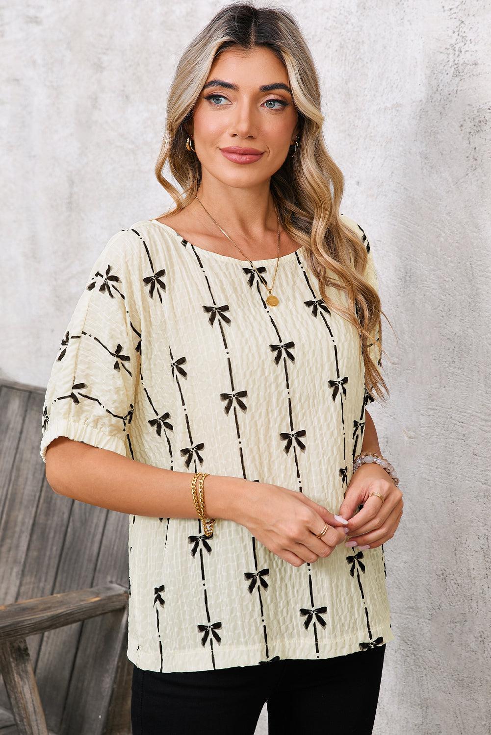 Beige Bow Print Striped Puff Short Sleeve Blouse - Leo’s Look Your Best 